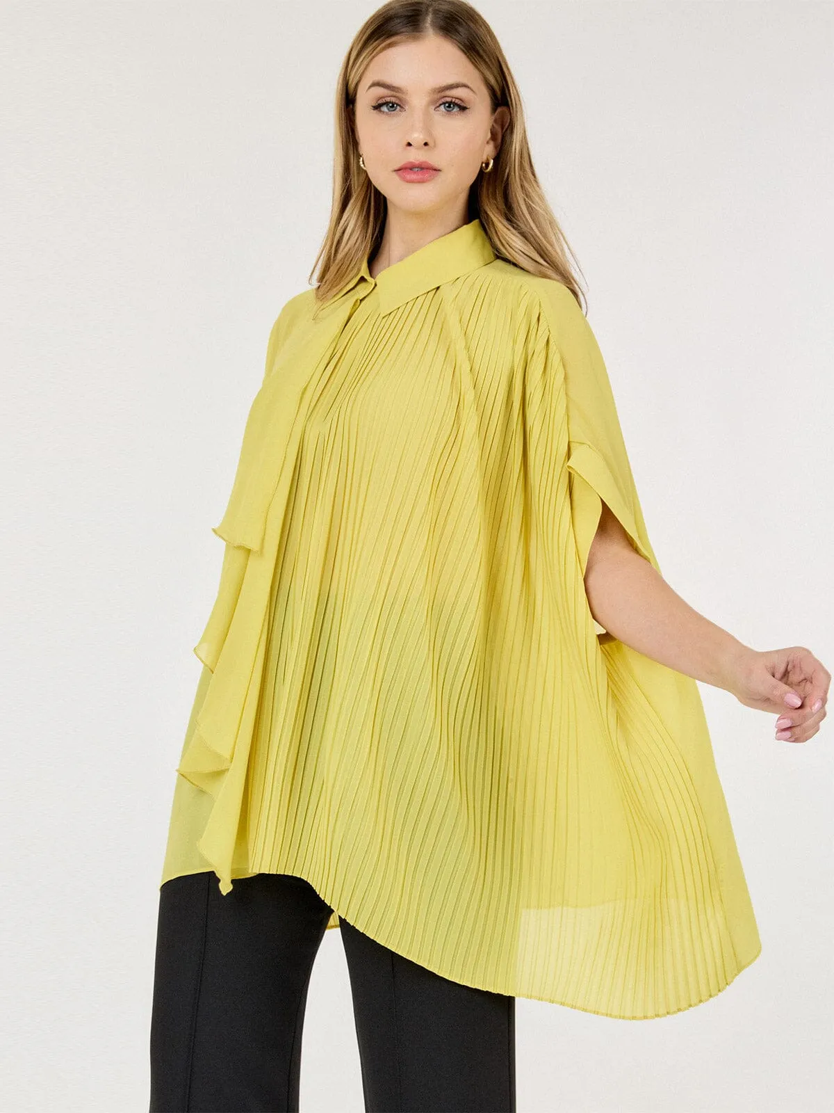 WOMEN'S SHORT SLEEVE BUTTON CLOSURE PLEATED TUNIC BLOUSE
