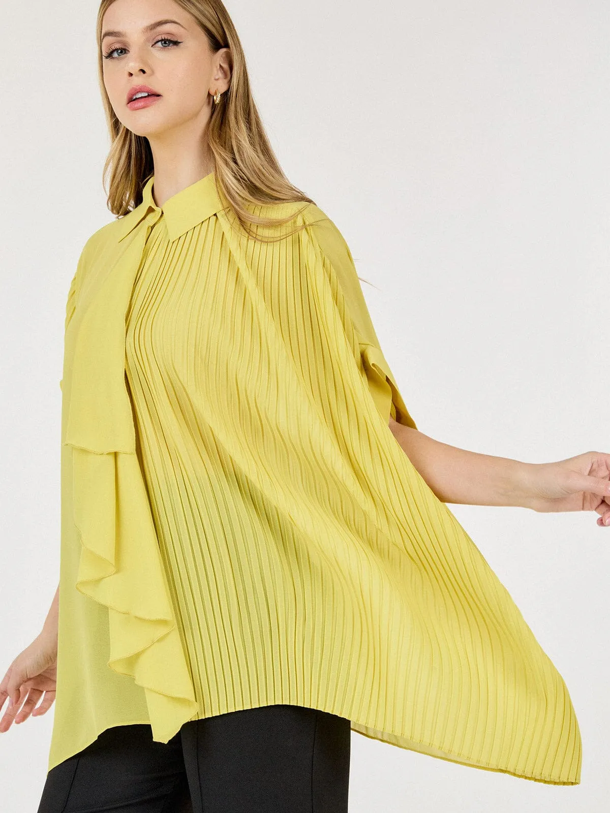 WOMEN'S SHORT SLEEVE BUTTON CLOSURE PLEATED TUNIC BLOUSE