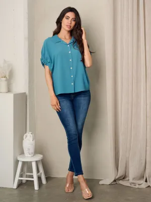 WOMEN'S SHORT SLEEVE BUTTON UP SOLID TOP