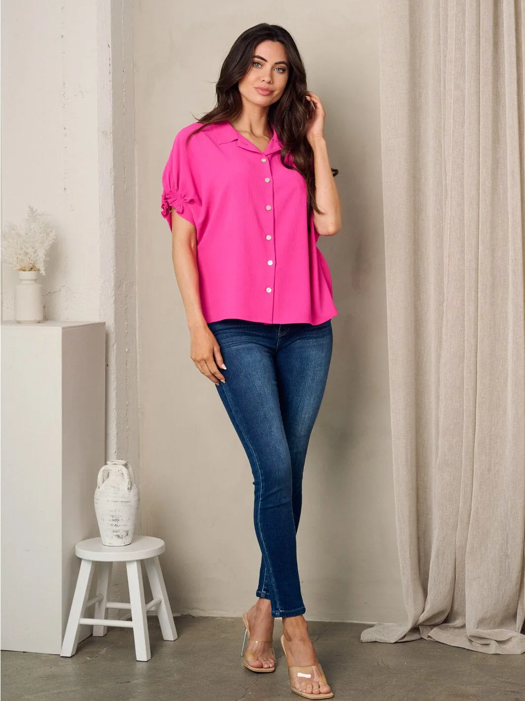 WOMEN'S SHORT SLEEVE BUTTON UP SOLID TOP