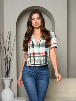 WOMEN'S SHORT SLEEVE BUTTON UP V-NECK TOP