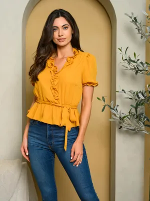 WOMEN'S SHORT SLEEVE V-NECK RUFFLE PEPLUM TOP