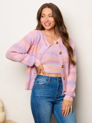 WOMEN'S TANK TOP & LONG SLEEVE CARDIGAN  MULTI STRIPES 2PC SET TOP