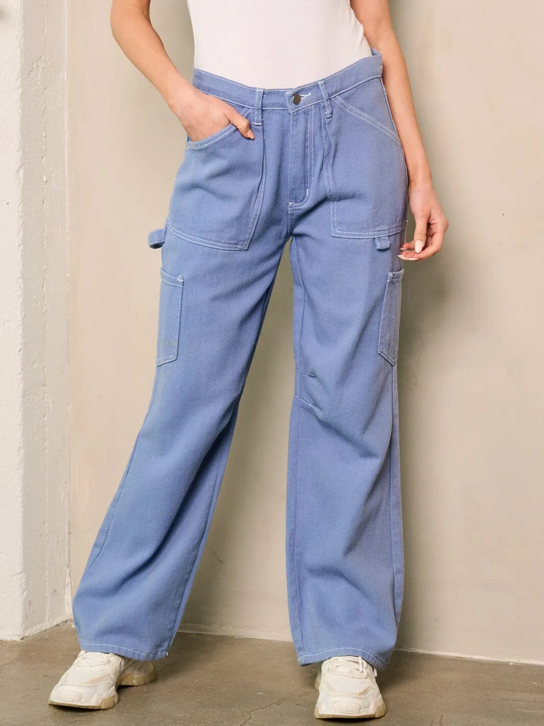 WOMEN'S WIDE LEG POCKETS DENIM PANTS